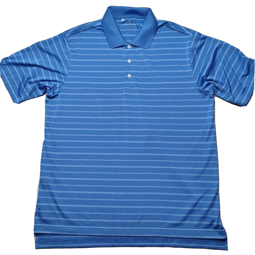 ADIDAS GOLF Men Large Blue White Striped Polo Shirt EUC